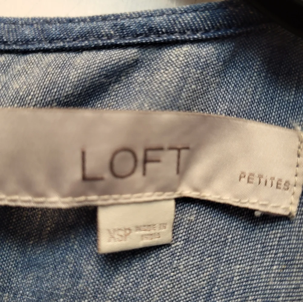 LOFT Blue Denim Ruffled Collar Blouse with Cold Shoulder Design - Size XSP